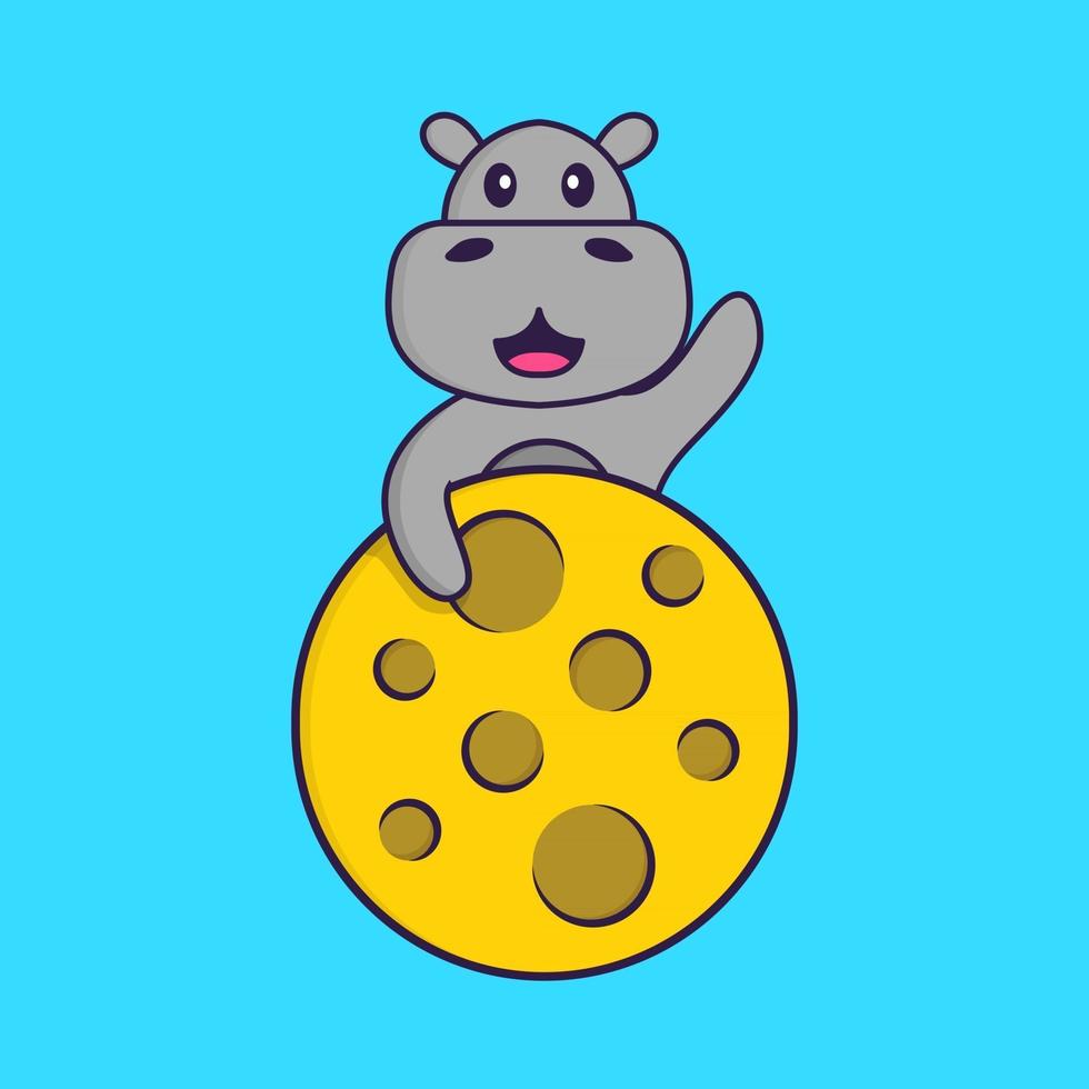 Cute hippopotamus is on the moon. Animal cartoon concept isolated. Can used for t-shirt, greeting card, invitation card or mascot. Flat Cartoon Style vector