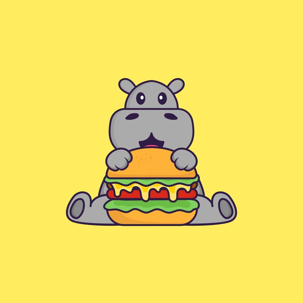 Cute hippopotamus eating burger. Animal cartoon concept isolated. Can used for t-shirt, greeting card, invitation card or mascot. Flat Cartoon Style vector