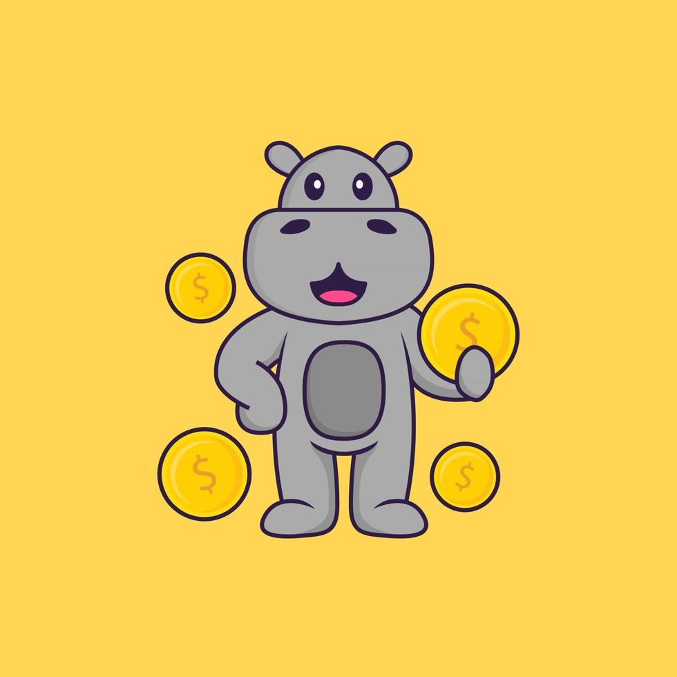 Cute hippopotamus holding coin. Animal cartoon concept isolated. Can used for t-shirt, greeting card, invitation card or mascot. Flat Cartoon Style vector