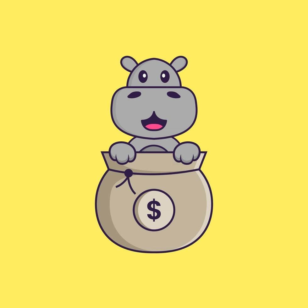 Cute hippopotamus playing in money bag. Animal cartoon concept isolated. Can used for t-shirt, greeting card, invitation card or mascot. Flat Cartoon Style vector