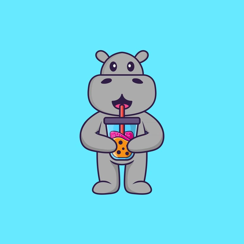 Cute hippopotamus Drinking Boba milk tea. Animal cartoon concept isolated. Can used for t-shirt, greeting card, invitation card or mascot. Flat Cartoon Style vector