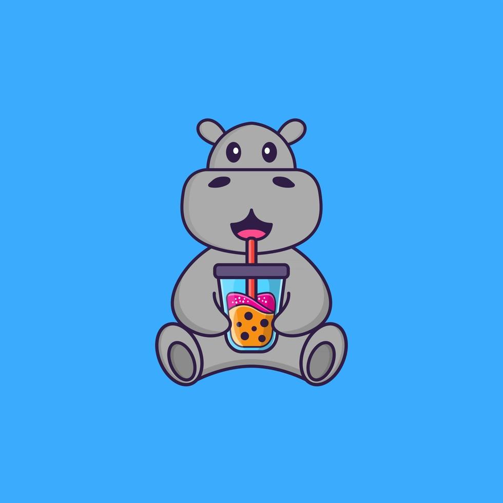 Cute hippopotamus Drinking Boba milk tea. Animal cartoon concept isolated. Can used for t-shirt, greeting card, invitation card or mascot. Flat Cartoon Style vector