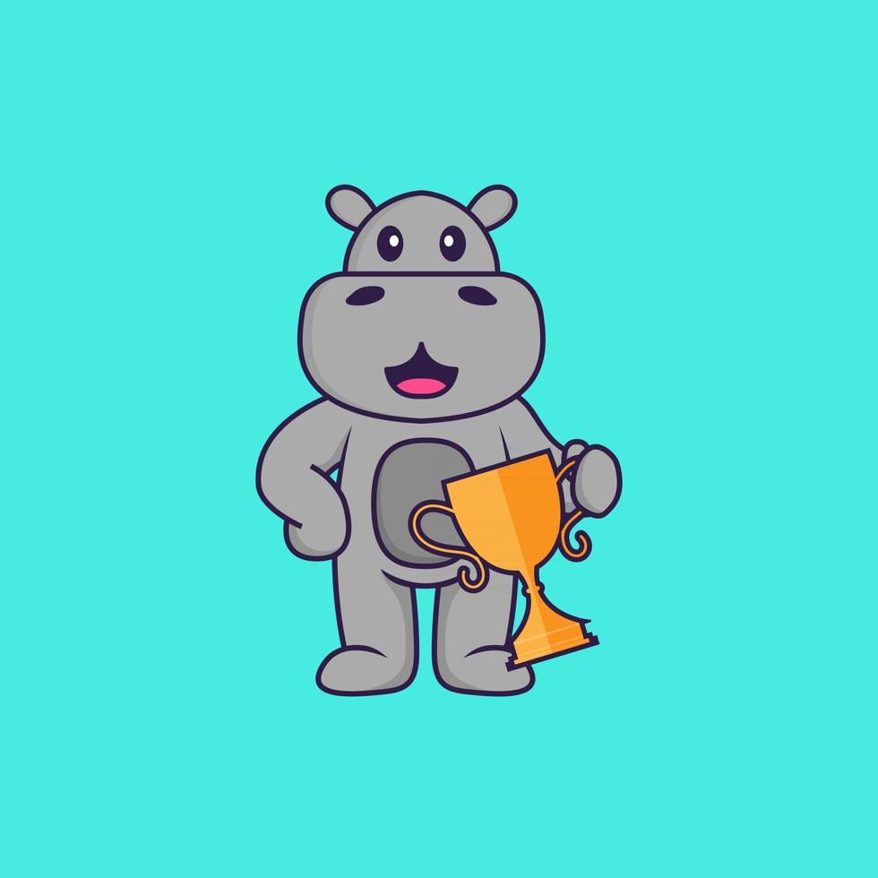 Cute hippopotamus holding gold trophy. Animal cartoon concept isolated. Can used for t-shirt, greeting card, invitation card or mascot. Flat Cartoon Style vector