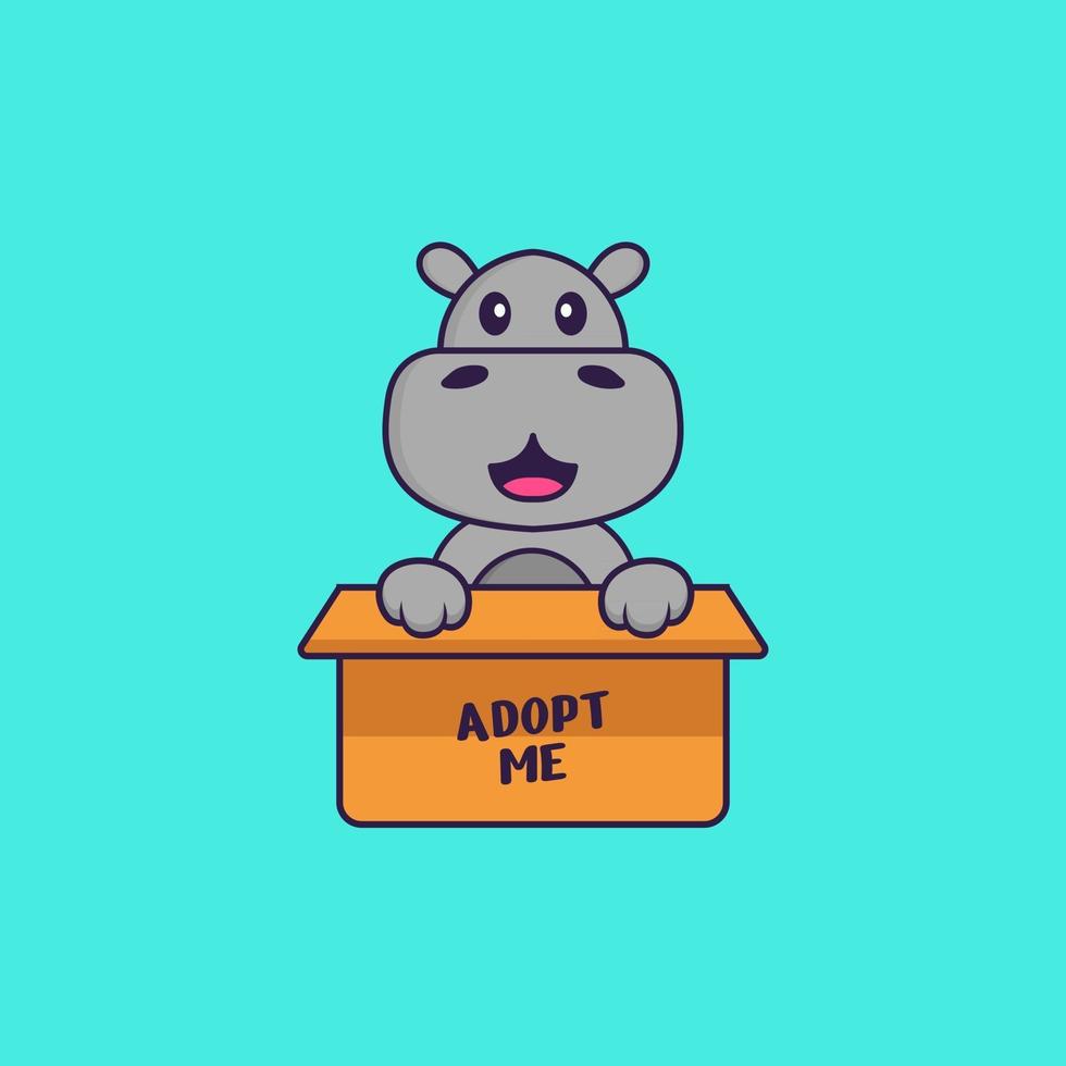 Cute hippopotamus in box with a poster Adopt me. Animal cartoon concept isolated. Can used for t-shirt, greeting card, invitation card or mascot. Flat Cartoon Style vector