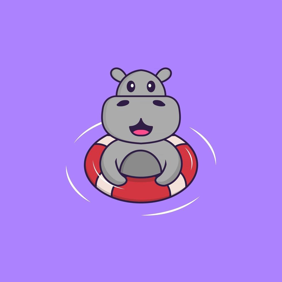 Cute hippopotamus is Swimming with a buoy. Animal cartoon concept isolated. Can used for t-shirt, greeting card, invitation card or mascot. Flat Cartoon Style vector