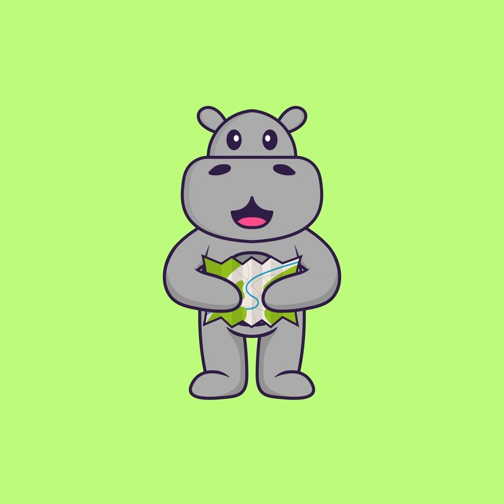 Cute hippopotamus holding a map. Animal cartoon concept isolated. Can used for t-shirt, greeting card, invitation card or mascot. Flat Cartoon Style vector