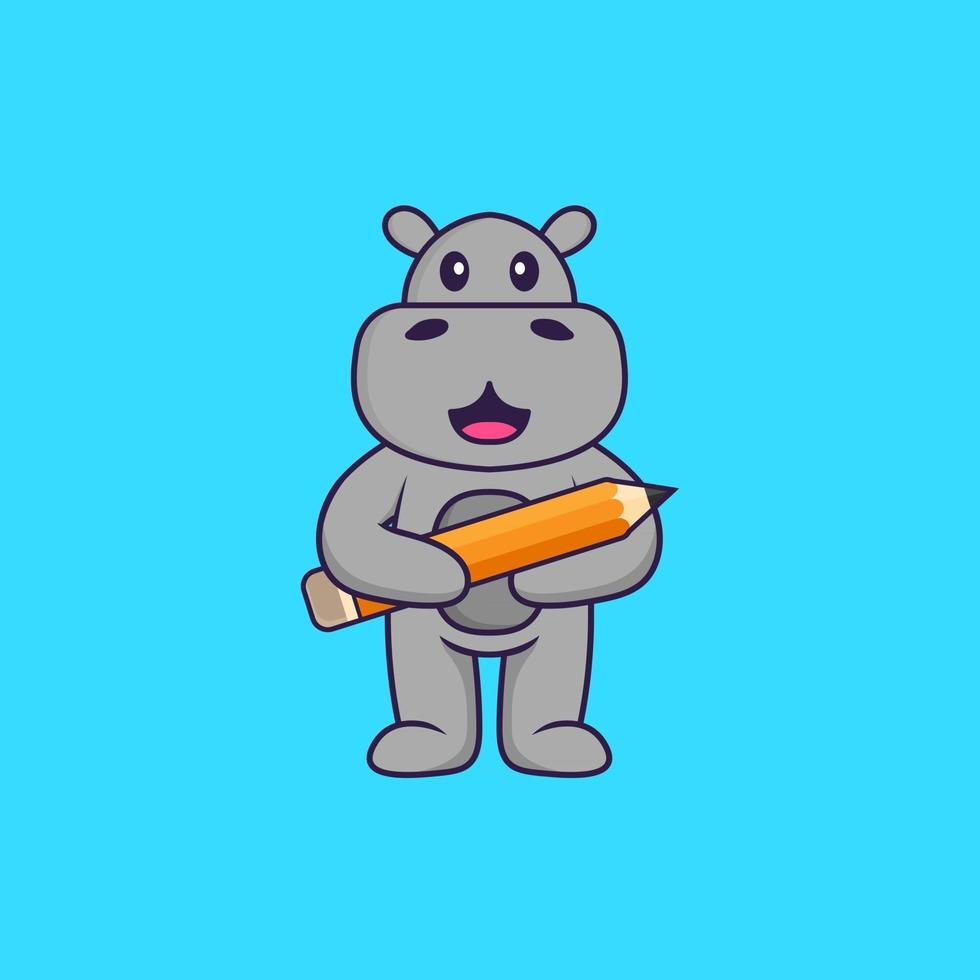 Cute hippopotamus holding a pencil. Animal cartoon concept isolated. Can used for t-shirt, greeting card, invitation card or mascot. Flat Cartoon Style vector