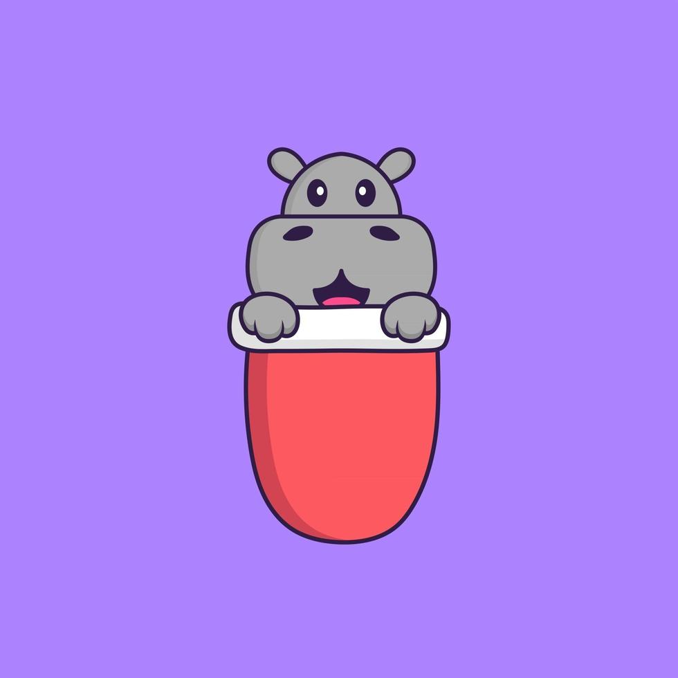 Cute hippopotamus in red pocket. Animal cartoon concept isolated. Can used for t-shirt, greeting card, invitation card or mascot. Flat Cartoon Style vector