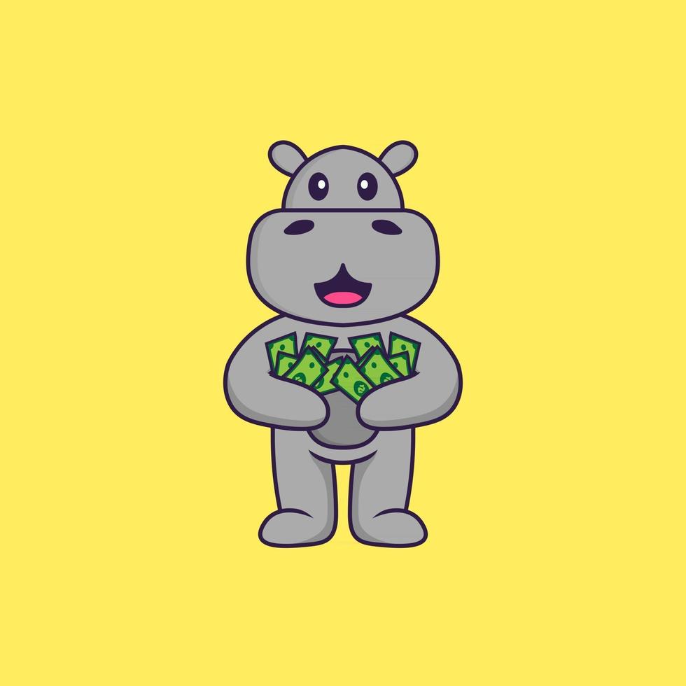 Cute hippopotamus holding money. Animal cartoon concept isolated. Can used for t-shirt, greeting card, invitation card or mascot. Flat Cartoon Style vector