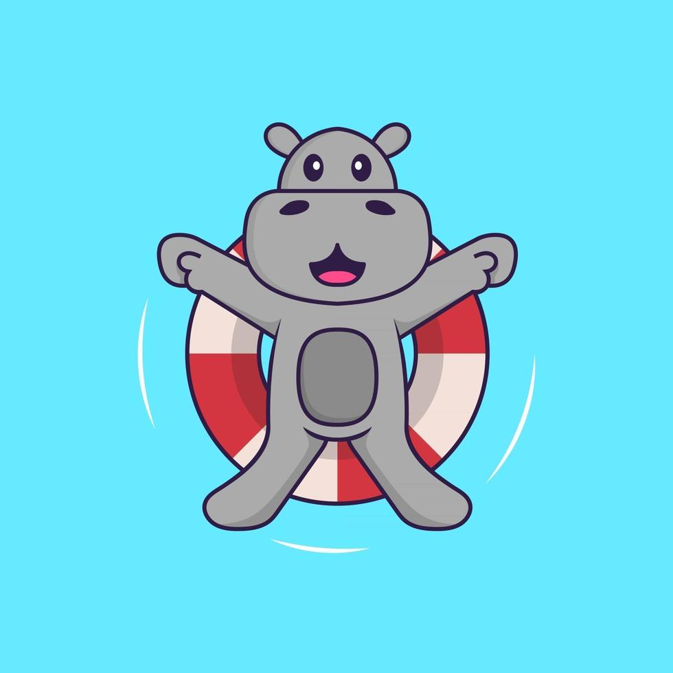 Cute hippopotamus is Swimming with a buoy. Animal cartoon concept isolated. Can used for t-shirt, greeting card, invitation card or mascot. Flat Cartoon Style vector