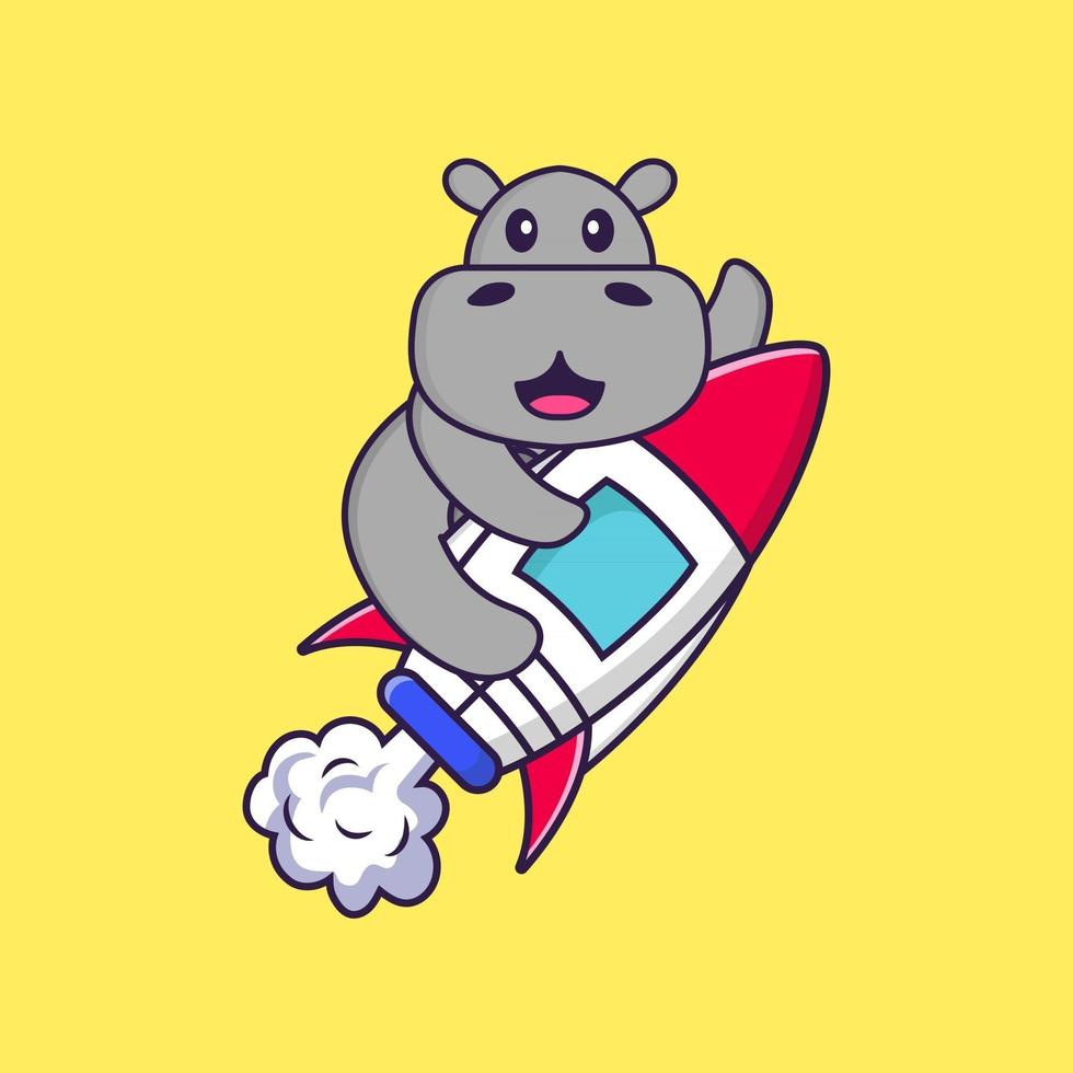 Cute hippopotamus flying on rocket. Animal cartoon concept isolated. Can used for t-shirt, greeting card, invitation card or mascot. Flat Cartoon Style vector