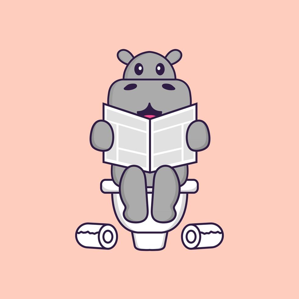 Cute hippopotamus Pooping On Toilet and read newspaper. Animal cartoon concept isolated. Can used for t-shirt, greeting card, invitation card or mascot. Flat Cartoon Style vector