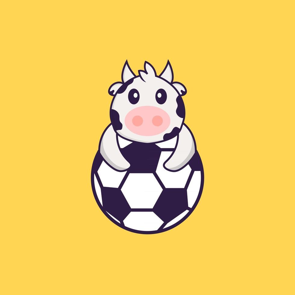 Cute cow playing soccer. Animal cartoon concept isolated. Can used for t-shirt, greeting card, invitation card or mascot. Flat Cartoon Style vector