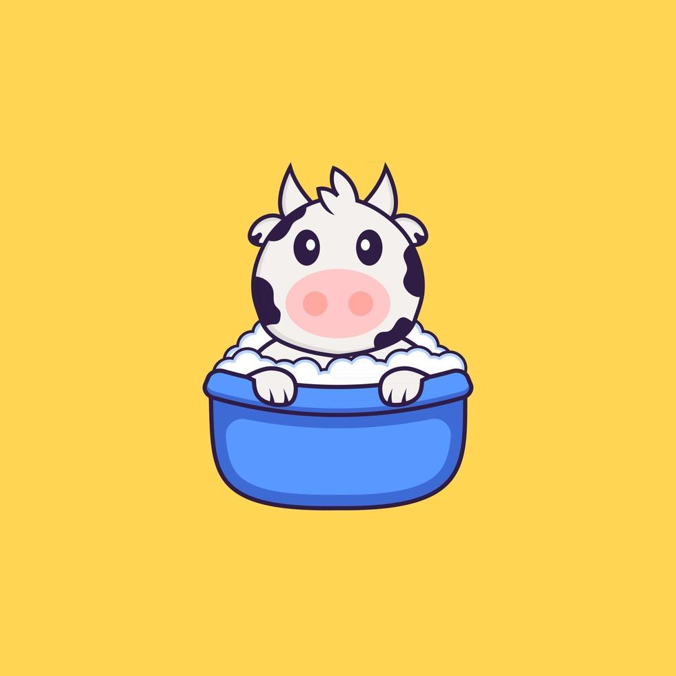 Cute cow taking a bath in the bathtub. Animal cartoon concept isolated. Can used for t-shirt, greeting card, invitation card or mascot. Flat Cartoon Style vector