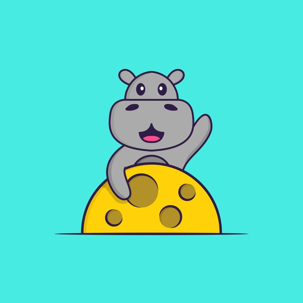 Cute hippopotamus is on the moon. Animal cartoon concept isolated. Can used for t-shirt, greeting card, invitation card or mascot. Flat Cartoon Style vector