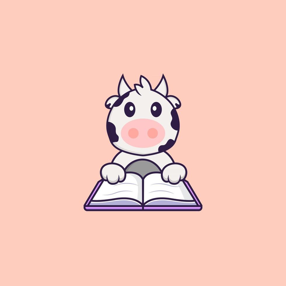 Cute cow reading a book. Animal cartoon concept isolated. Can used for t-shirt, greeting card, invitation card or mascot. Flat Cartoon Style vector