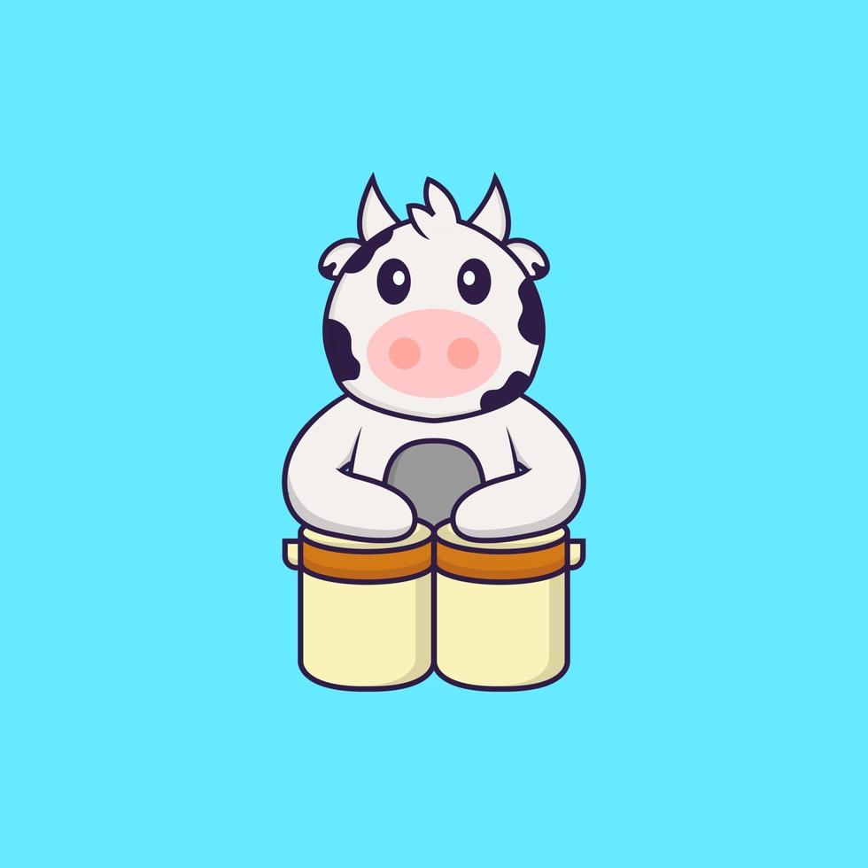 Cute cow is playing drums. Animal cartoon concept isolated. Can used for t-shirt, greeting card, invitation card or mascot. Flat Cartoon Style vector