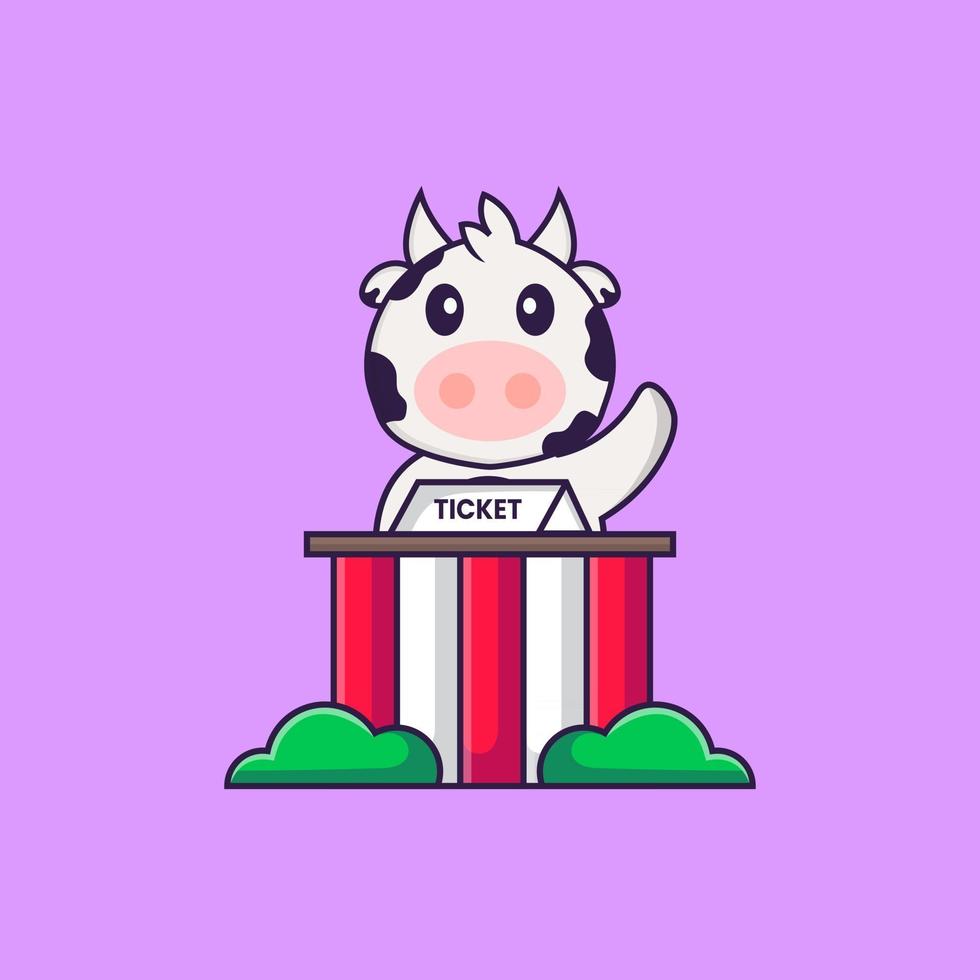 Cute cow is being a ticket keeper. Animal cartoon concept isolated. Can used for t-shirt, greeting card, invitation card or mascot. Flat Cartoon Style vector