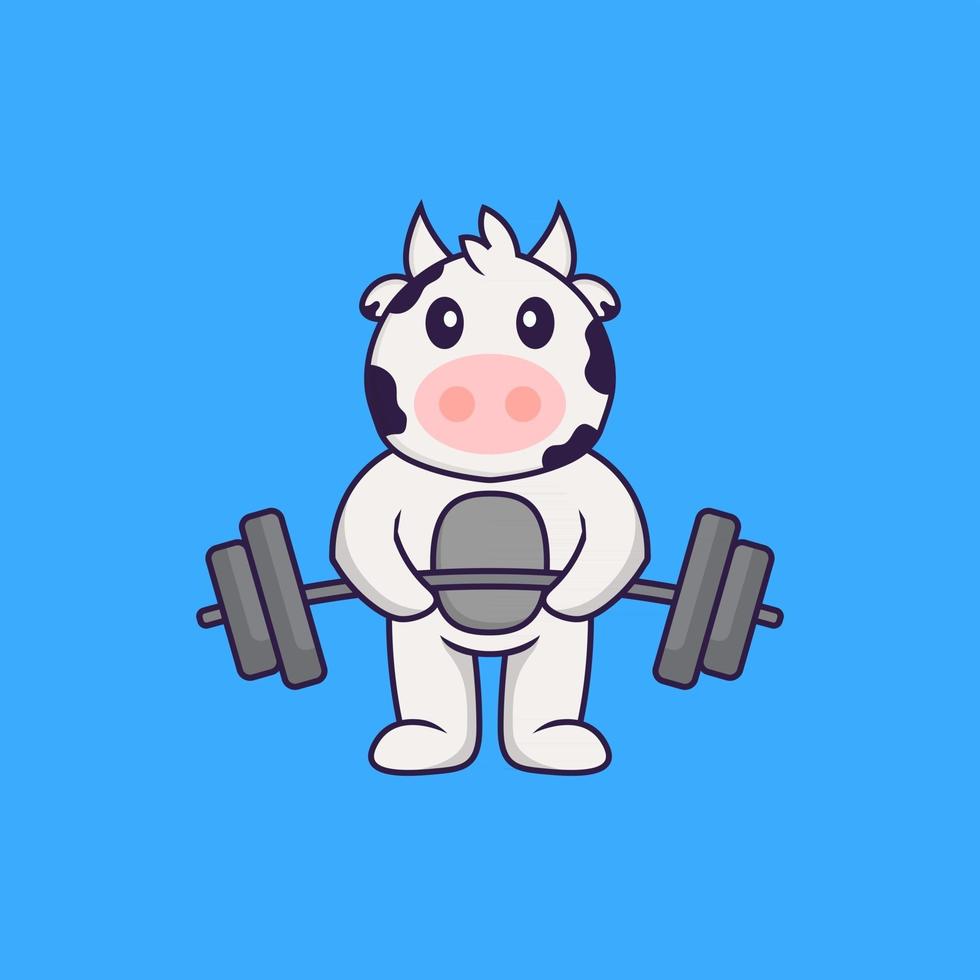 Cute cow lifts the barbell. Animal cartoon concept isolated. Can used for t-shirt, greeting card, invitation card or mascot. Flat Cartoon Style vector