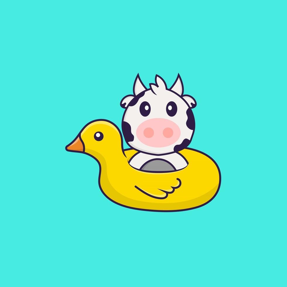 Cute cow With Duck buoy. Animal cartoon concept isolated. Can used for t-shirt, greeting card, invitation card or mascot. Flat Cartoon Style vector