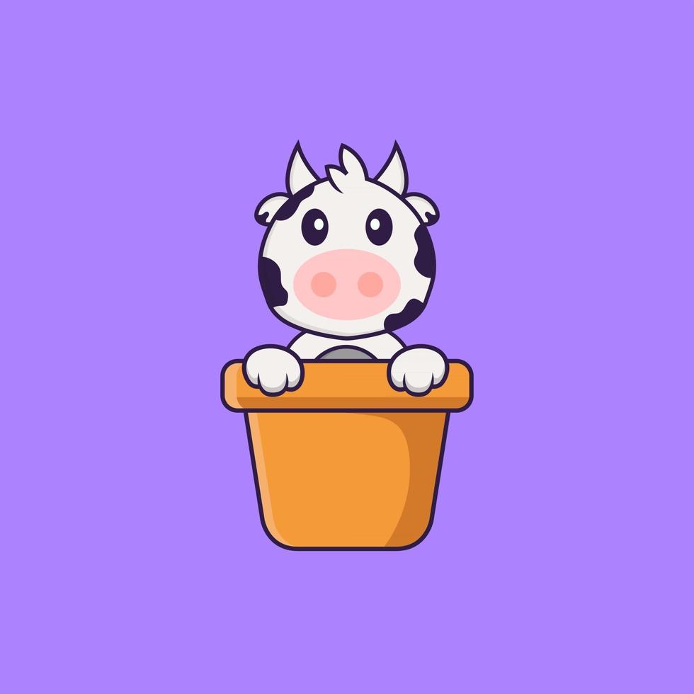 Cute cow in a flower vase. Animal cartoon concept isolated. Can used for t-shirt, greeting card, invitation card or mascot. Flat Cartoon Style vector