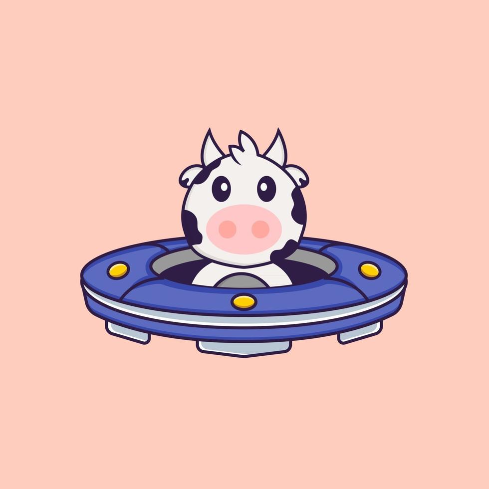 Cute cow Driving Spaceship Ufo. Animal cartoon concept isolated. Can used for t-shirt, greeting card, invitation card or mascot. Flat Cartoon Style vector