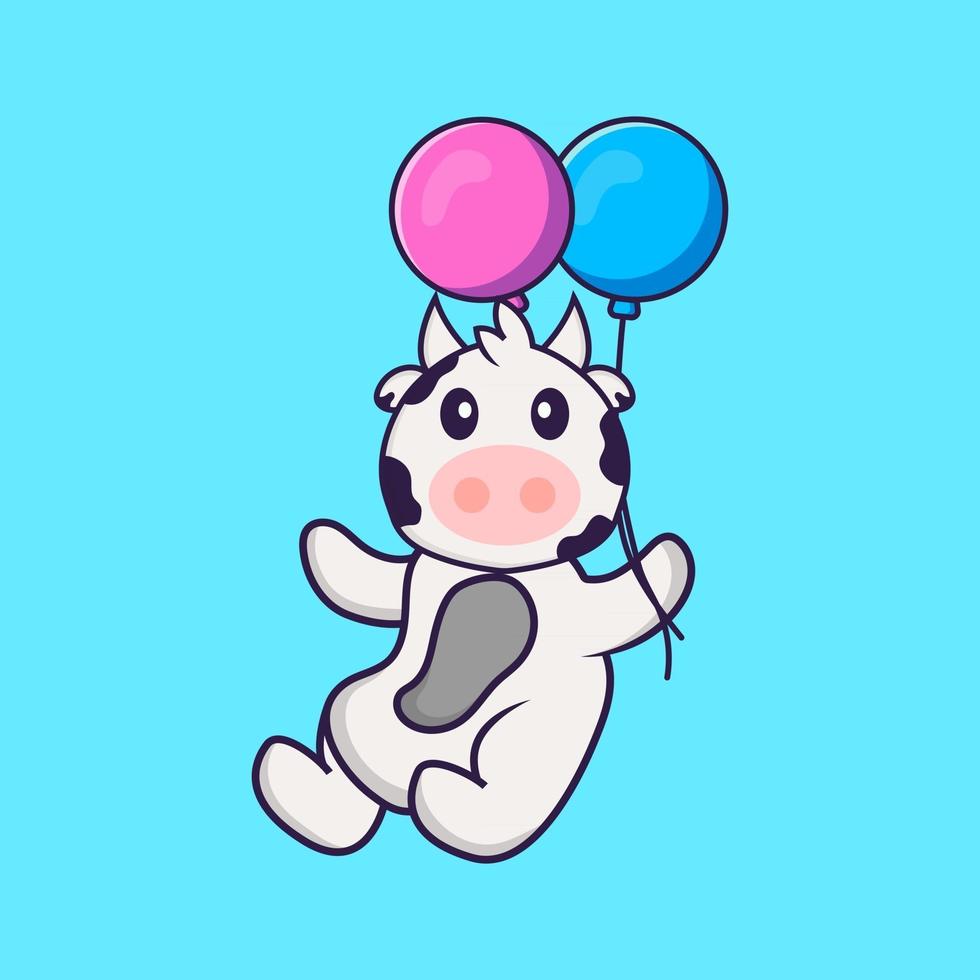 linda vaca volando con dos globos. aislado concepto de dibujos animados de animales. Puede utilizarse para camiseta, tarjeta de felicitación, tarjeta de invitación o mascota. estilo de dibujos animados plana vector