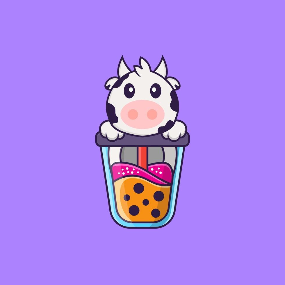 Linda vaca bebiendo té con leche de boba. aislado concepto de dibujos animados de animales. Puede utilizarse para camiseta, tarjeta de felicitación, tarjeta de invitación o mascota. estilo de dibujos animados plana vector