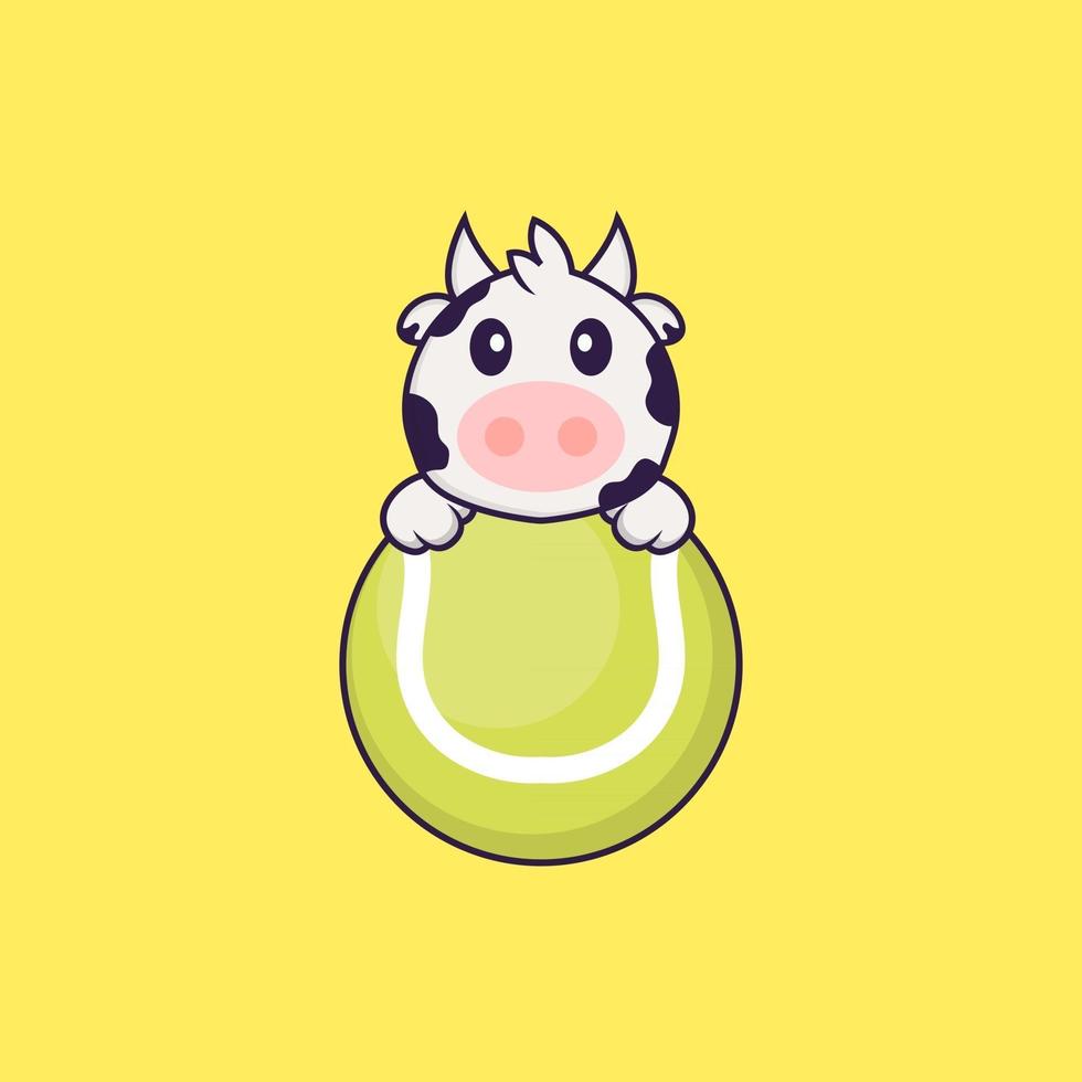 Cute cow playing tennis. Animal cartoon concept isolated. Can used for t-shirt, greeting card, invitation card or mascot. Flat Cartoon Style vector