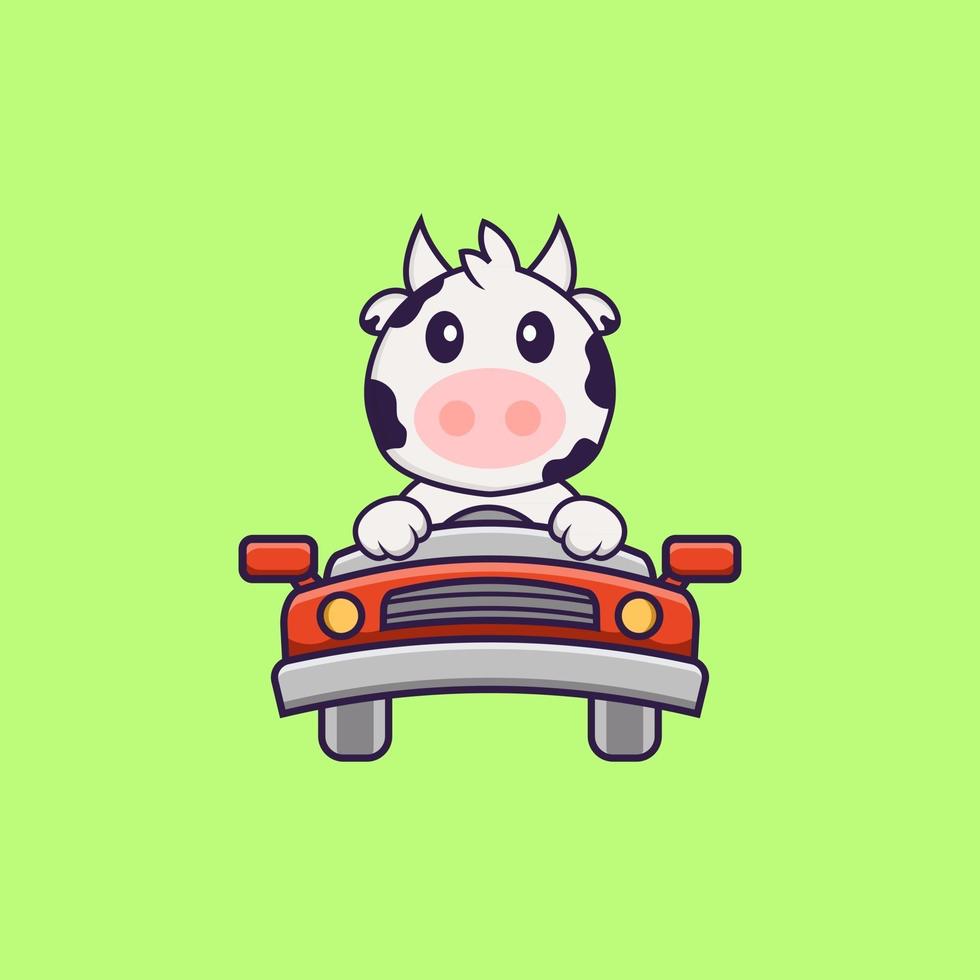 Cute cow is driving. Animal cartoon concept isolated. Can used for t-shirt, greeting card, invitation card or mascot. Flat Cartoon Style vector