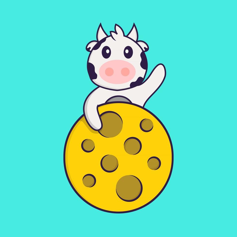 Cute cow is on the moon. Animal cartoon concept isolated. Can used for t-shirt, greeting card, invitation card or mascot. Flat Cartoon Style vector