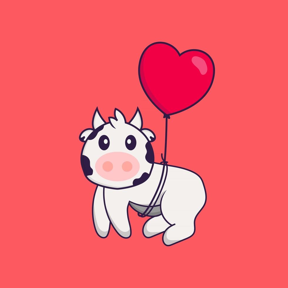 Cute cow flying with love shaped balloons. Animal cartoon concept isolated. Can used for t-shirt, greeting card, invitation card or mascot. Flat Cartoon Style vector