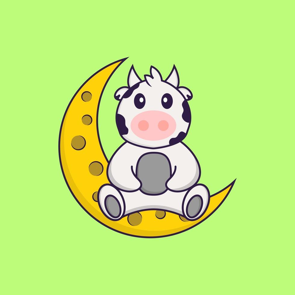 Cute cow is sitting on the moon. Animal cartoon concept isolated. Can used for t-shirt, greeting card, invitation card or mascot. Flat Cartoon Style vector