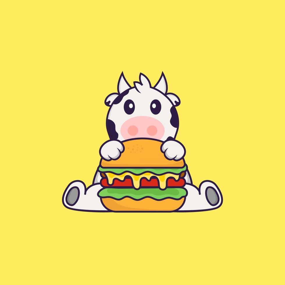Cute cow eating burger. Animal cartoon concept isolated. Can used for t-shirt, greeting card, invitation card or mascot. Flat Cartoon Style vector