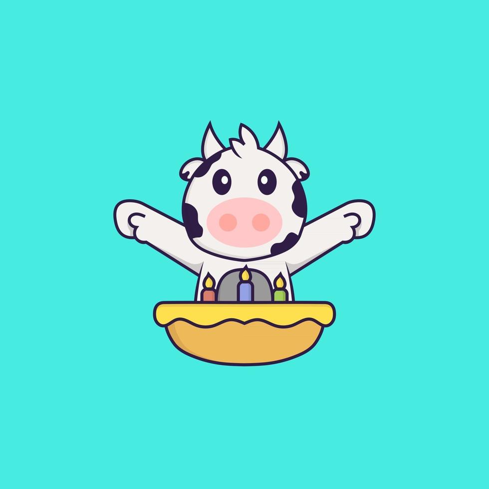 Cute cow with birthday cake. Animal cartoon concept isolated. Can used for t-shirt, greeting card, invitation card or mascot. Flat Cartoon Style vector