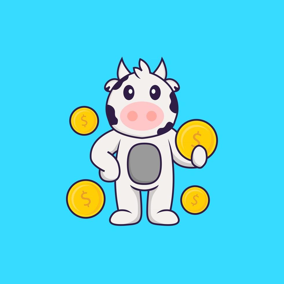 Cute cow holding coin. Animal cartoon concept isolated. Can used for t-shirt, greeting card, invitation card or mascot. Flat Cartoon Style vector