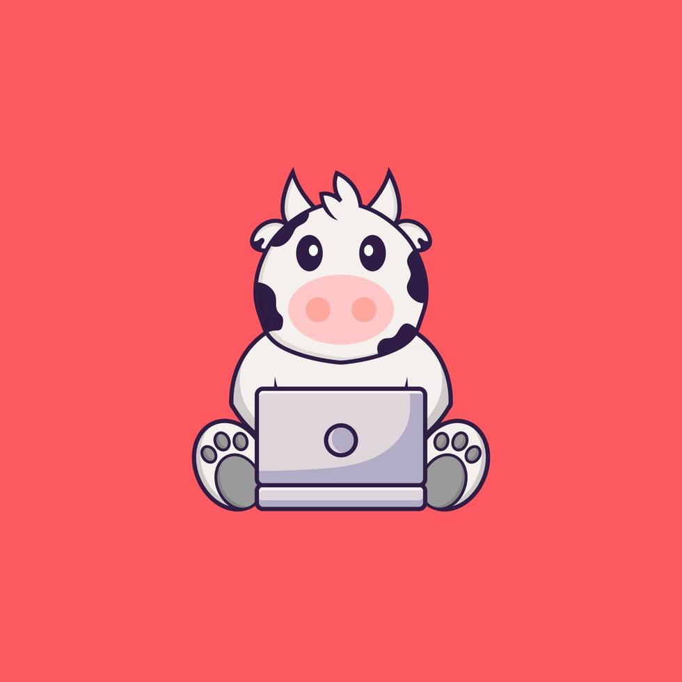Cute cow using laptop. Animal cartoon concept isolated. Can used for t-shirt, greeting card, invitation card or mascot. Flat Cartoon Style vector