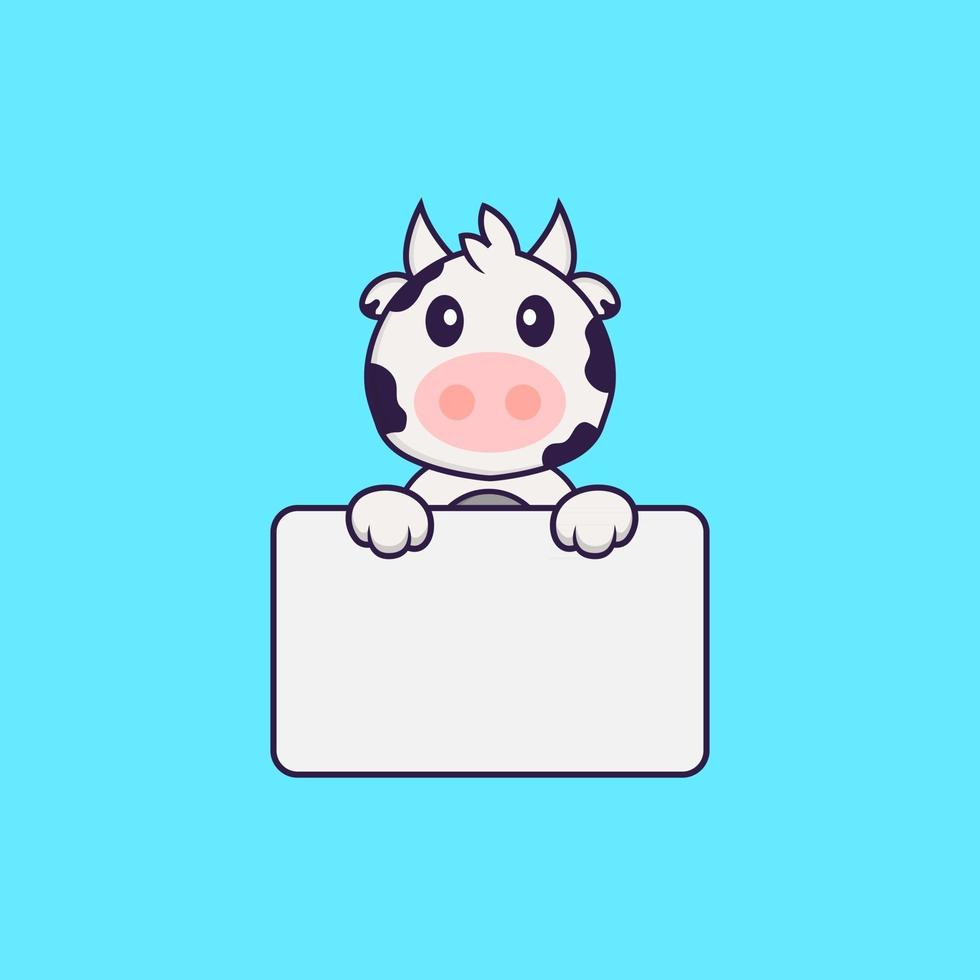 Cute cow holding whiteboard. Animal cartoon concept isolated. Can used for t-shirt, greeting card, invitation card or mascot. Flat Cartoon Style vector