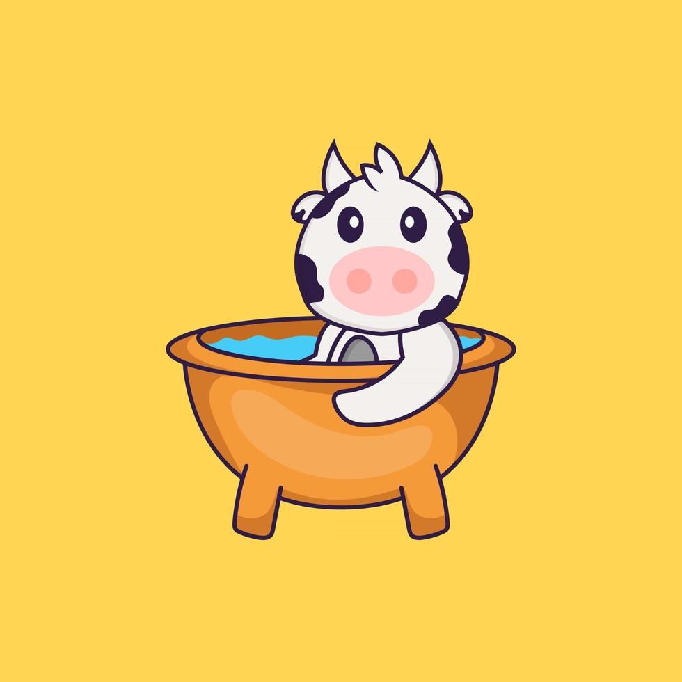 Cute cow taking a bath in the bathtub. Animal cartoon concept isolated. Can used for t-shirt, greeting card, invitation card or mascot. Flat Cartoon Style vector