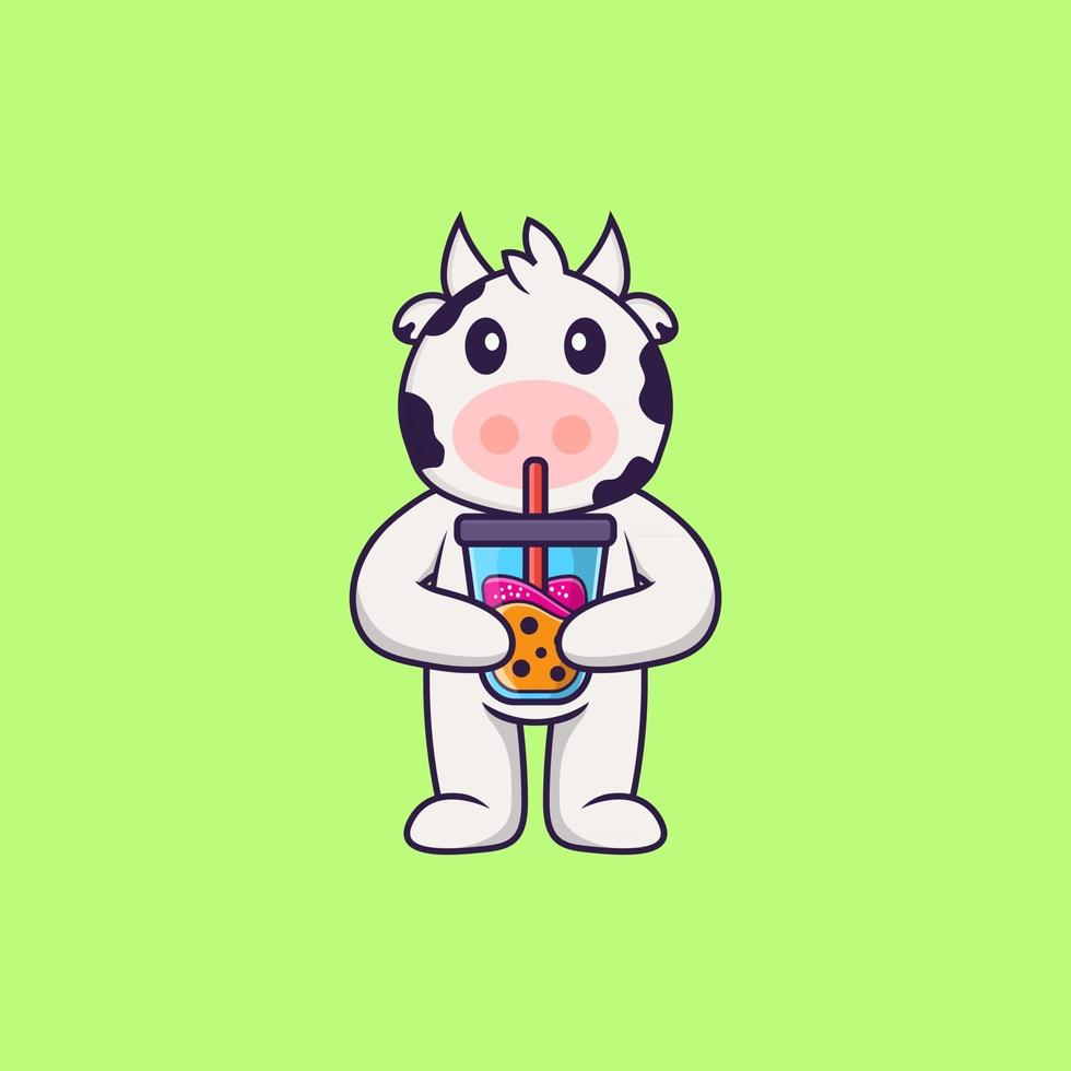 Cute cow Drinking Boba milk tea. Animal cartoon concept isolated. Can used for t-shirt, greeting card, invitation card or mascot. Flat Cartoon Style vector