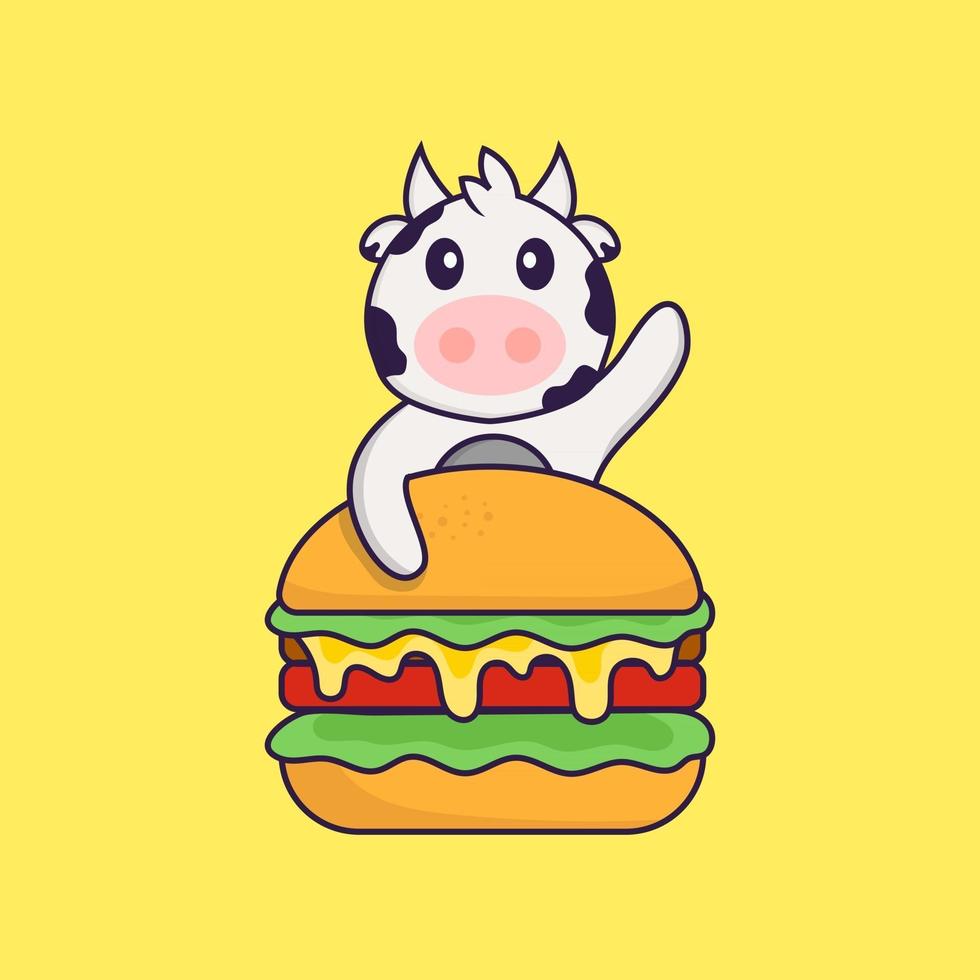 Cute cow eating burger. Animal cartoon concept isolated. Can used for t-shirt, greeting card, invitation card or mascot. Flat Cartoon Style vector