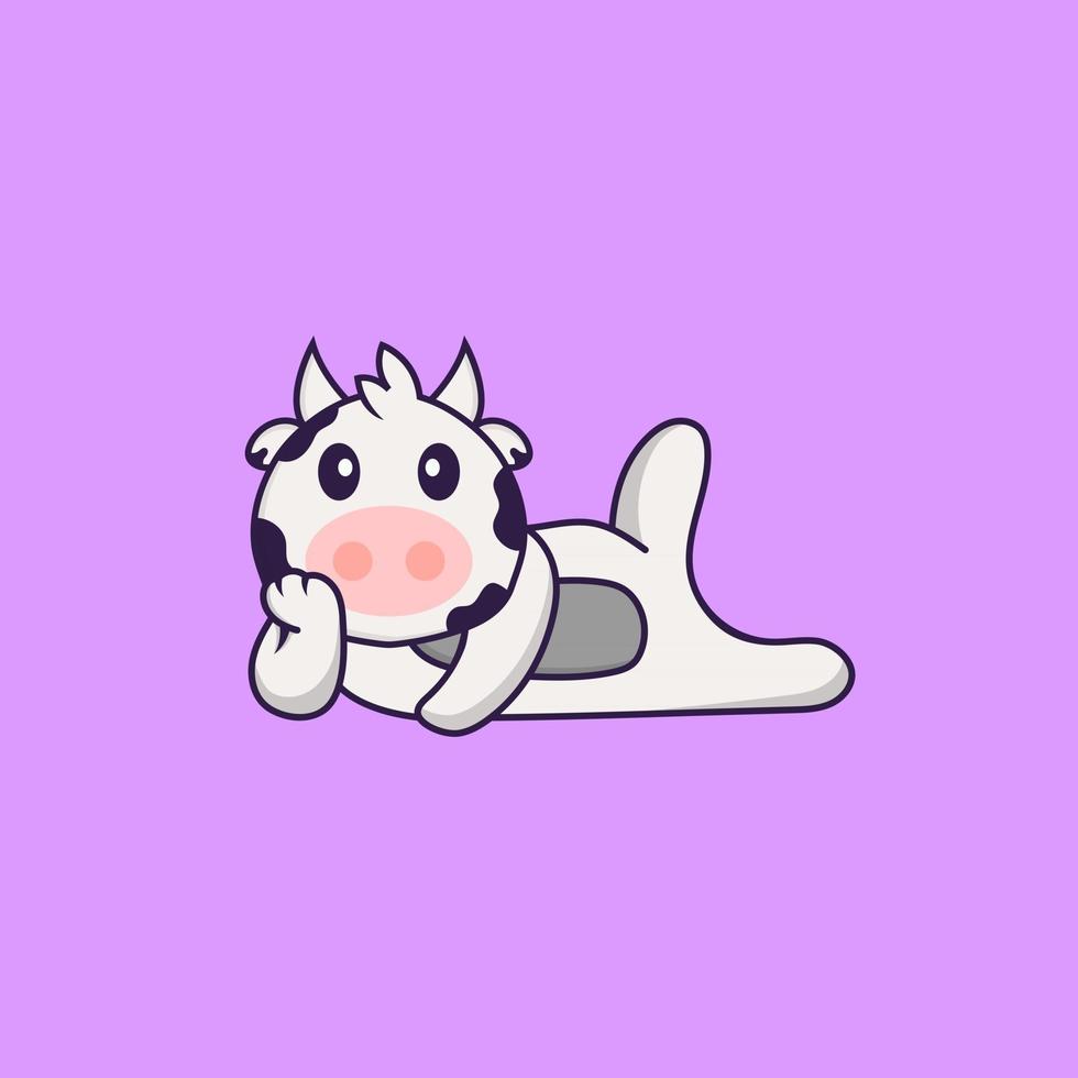 Cute cow lying down. Animal cartoon concept isolated. Can used for t-shirt, greeting card, invitation card or mascot. Flat Cartoon Style vector