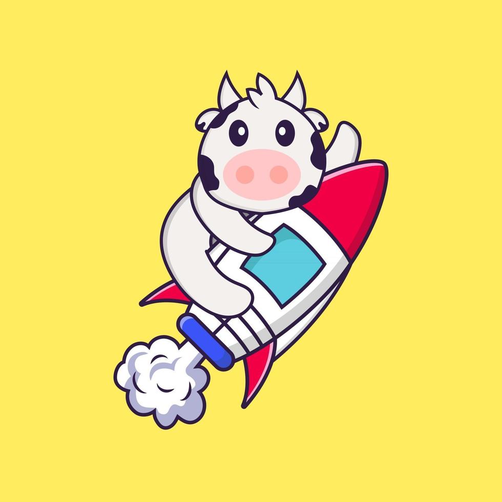 Cute cow flying on rocket. Animal cartoon concept isolated. Can used for t-shirt, greeting card, invitation card or mascot. Flat Cartoon Style vector