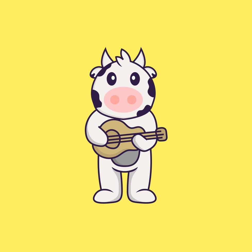 Cute cow playing guitar. Animal cartoon concept isolated. Can used for t-shirt, greeting card, invitation card or mascot. Flat Cartoon Style vector