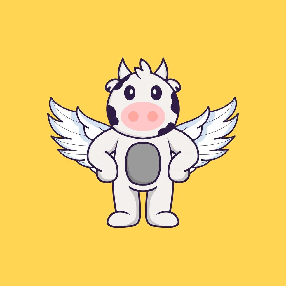 Cute cow using wings. Animal cartoon concept isolated. Can used for t-shirt, greeting card, invitation card or mascot. Flat Cartoon Style vector