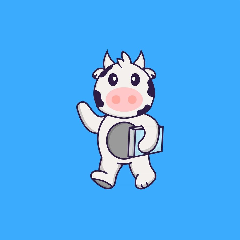 Cute cow holding a book. Animal cartoon concept isolated. Can used for t-shirt, greeting card, invitation card or mascot. Flat Cartoon Style vector