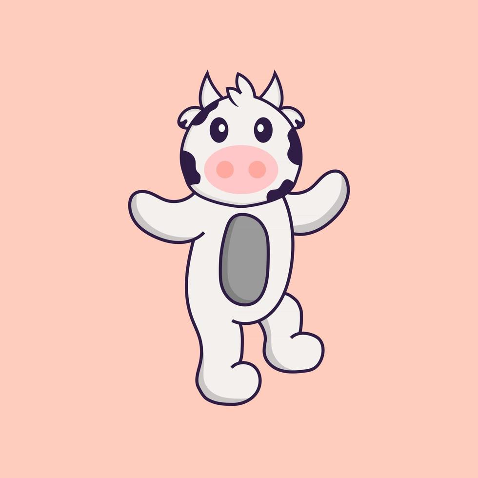 Cute cow is dancing. Animal cartoon concept isolated. Can used for t-shirt, greeting card, invitation card or mascot. Flat Cartoon Style vector