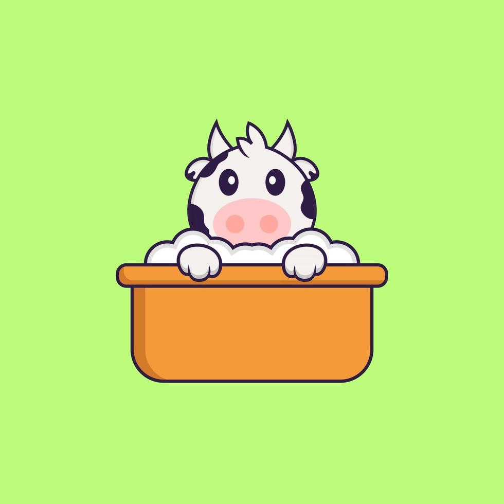 Cute cow taking a bath in the bathtub. Animal cartoon concept isolated. Can used for t-shirt, greeting card, invitation card or mascot. Flat Cartoon Style vector