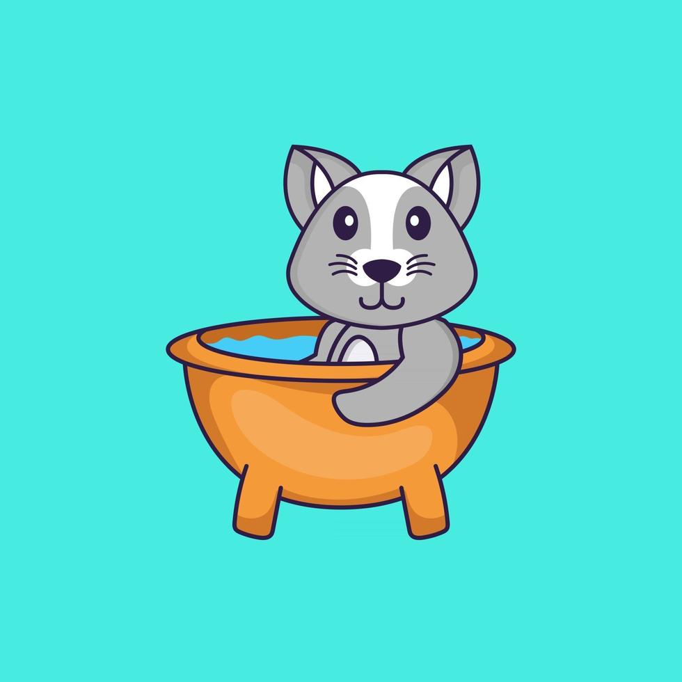 Cute rat taking a bath in the bathtub. Animal cartoon concept isolated. Can used for t-shirt, greeting card, invitation card or mascot. Flat Cartoon Style vector