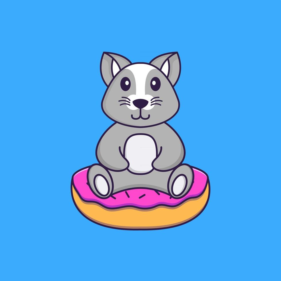 Cute rat is sitting on donuts. Animal cartoon concept isolated. Can used for t-shirt, greeting card, invitation card or mascot. Flat Cartoon Style vector